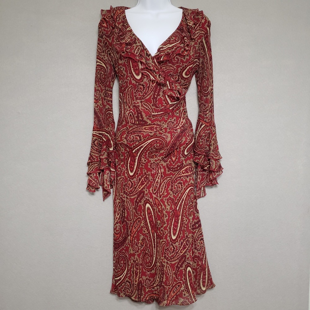 Vtg Y2K Express 100% Silk Paisley Dress 3/4 Whimsigoth Fairycore Dark Romance